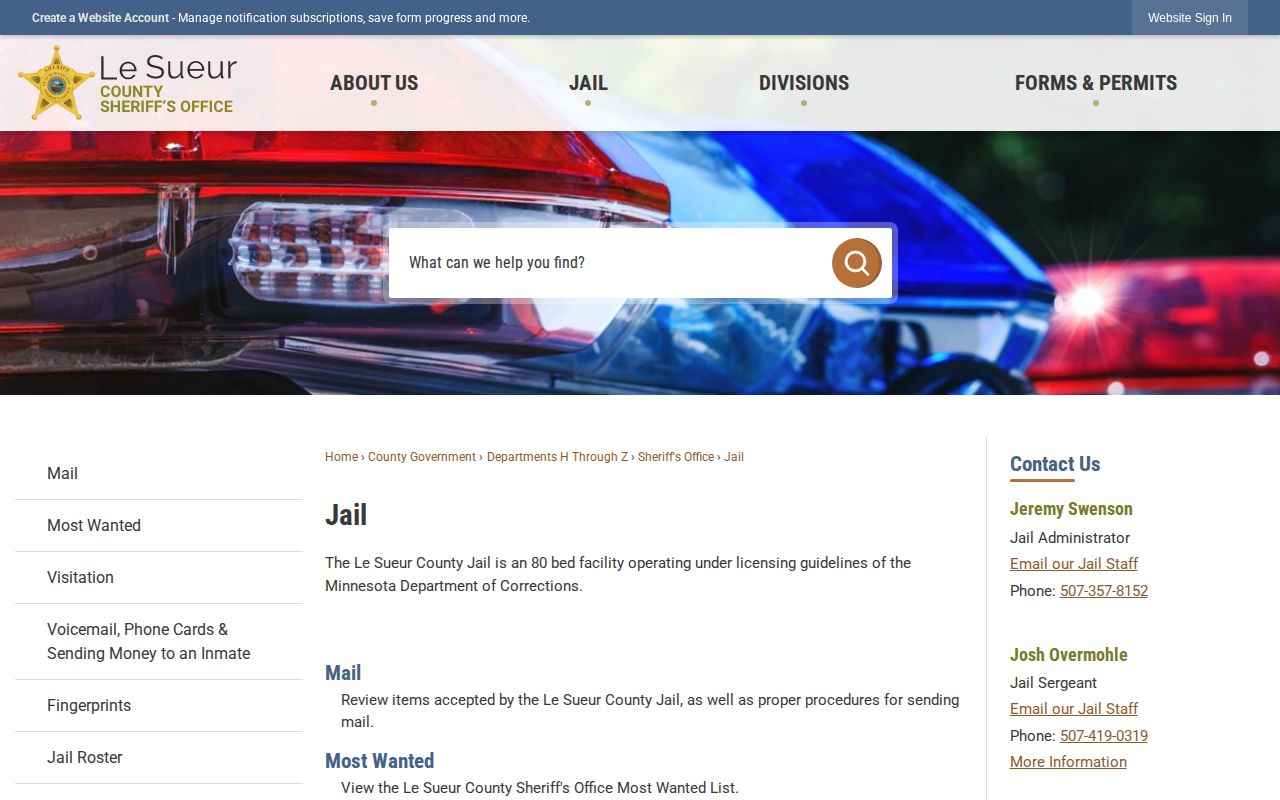 Le Sueur County Jail official release contact page