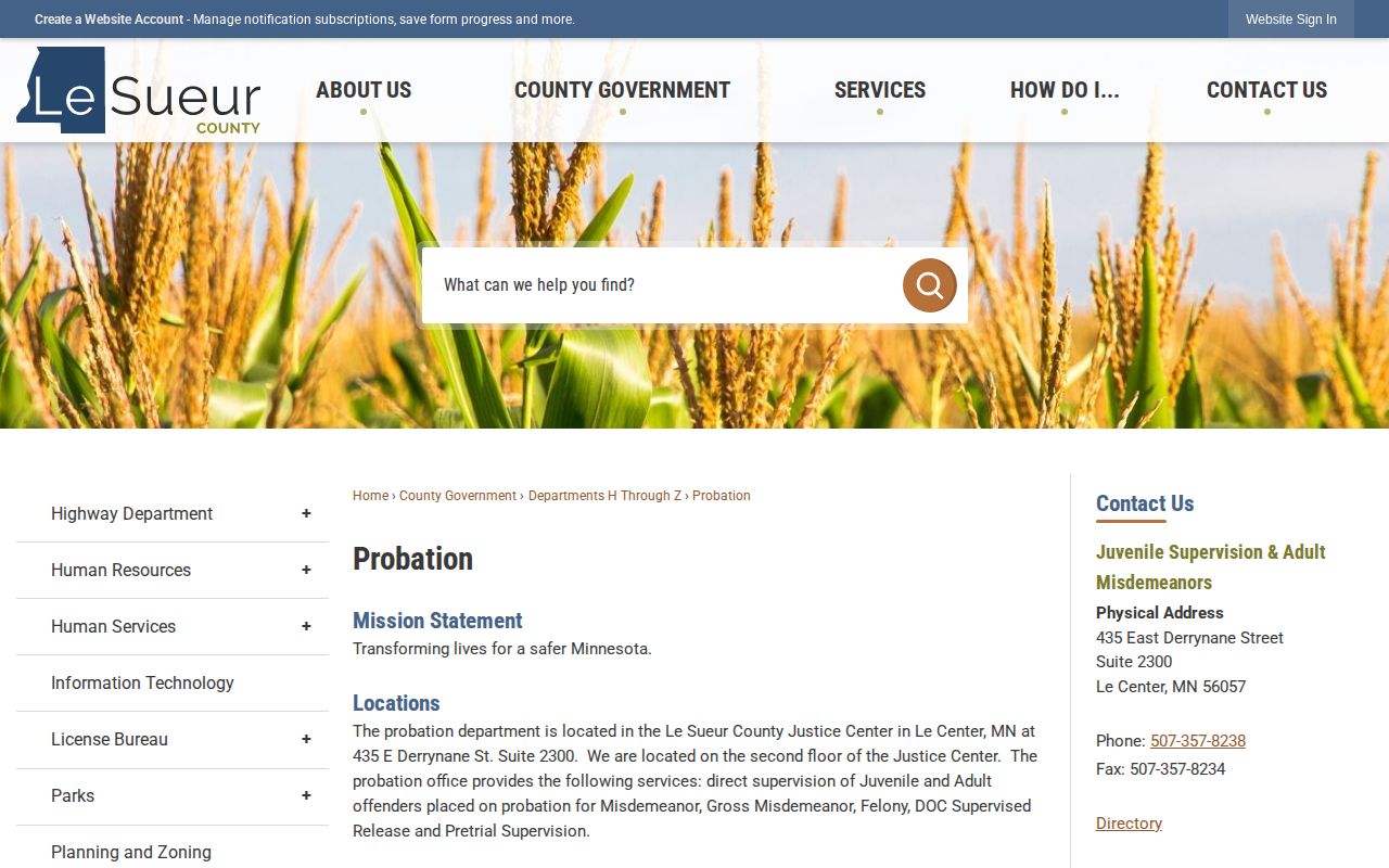 Le Sueur County probation and supervised release office information