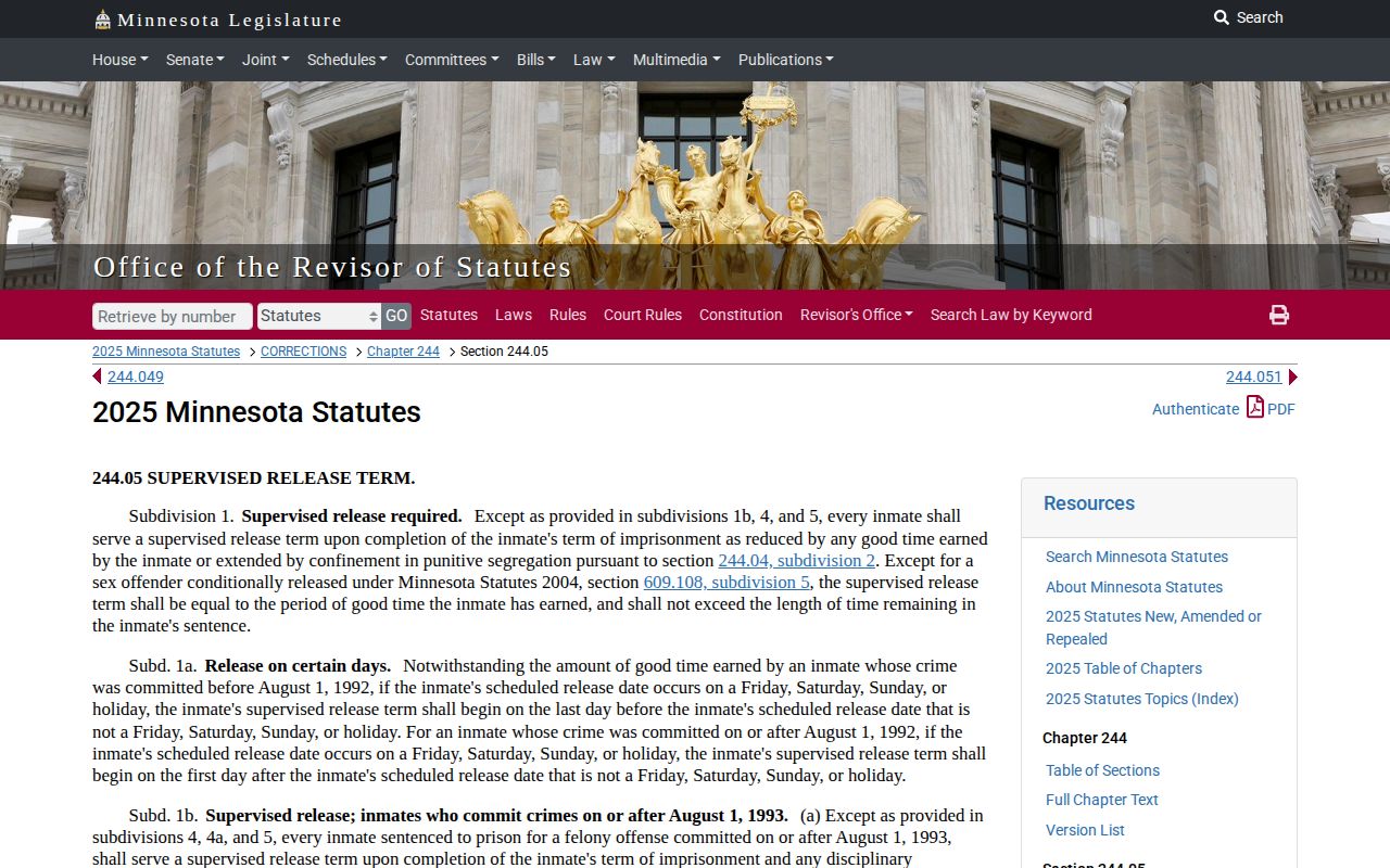Le Sueur County projected release date supervised release statute