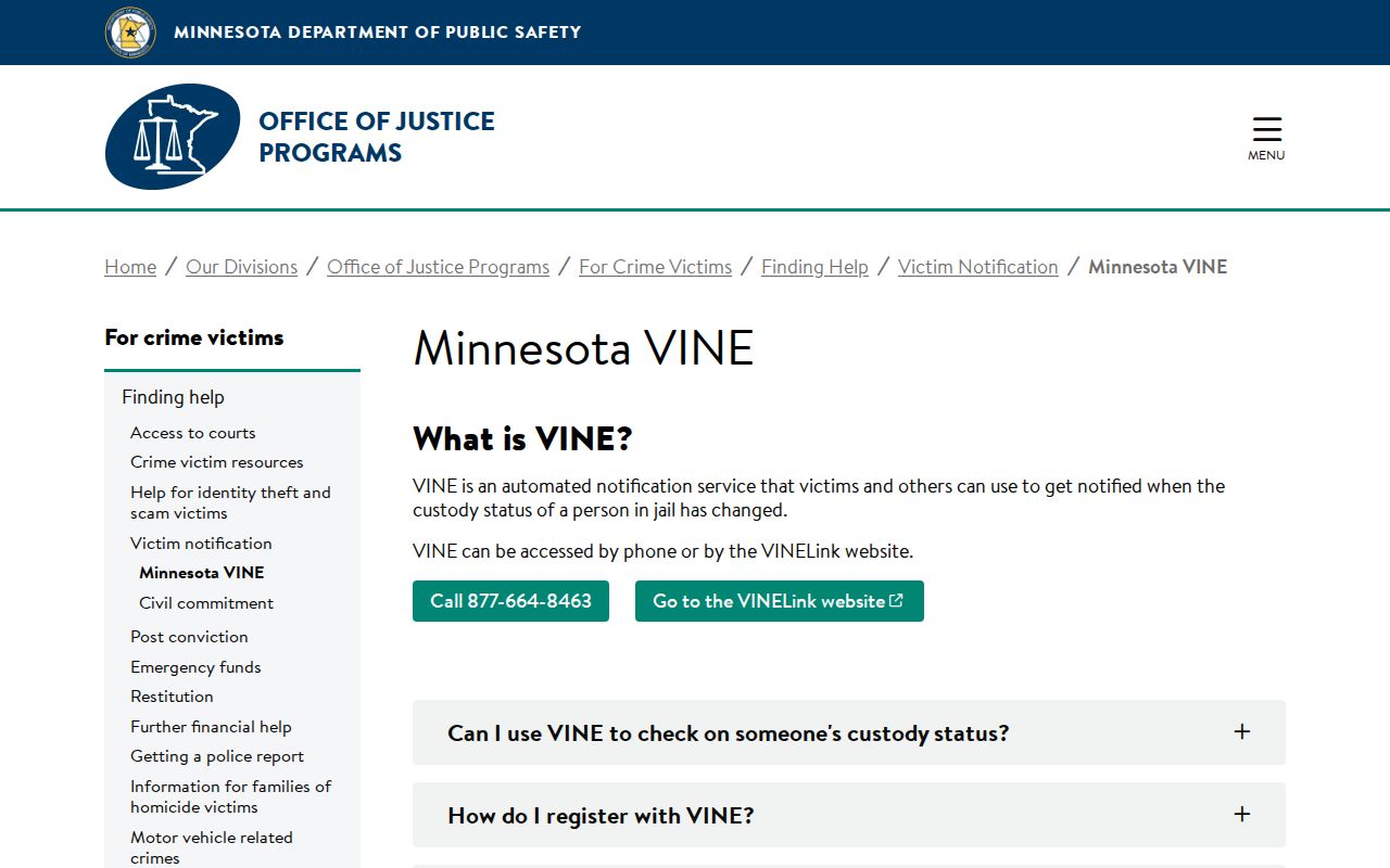 Official Minnesota VINE information for a Le Sueur County VINELink inmate search
